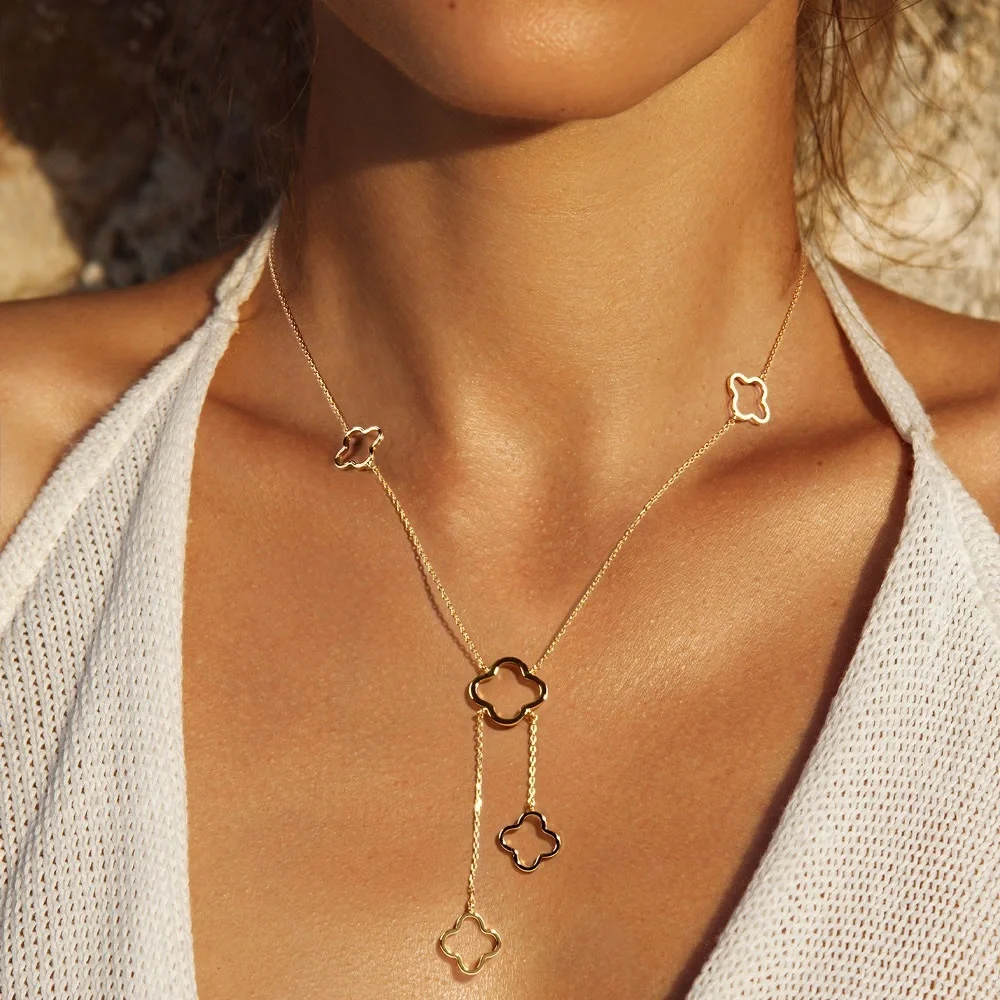 OUT OF STOCK Gold Quatrefoil Clover Station Necklace - Picture 1 of 3